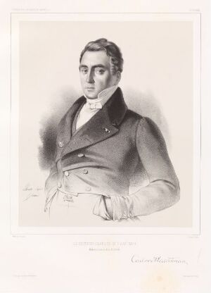  Black and white lithograph on paper by Sébastien-Charles Giraud titled "Doktor Charles de Haartman," depicting a male figure dressed in 19th-century formal attire, with a blank background focusing attention on the detailed depiction of the man's clothing and composed facial expression.