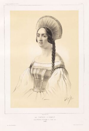  Lithograph titled "Grevinnen av Armfelt" by Emile Lassalle, depicting a regal woman in historical attire with a wide-brimmed bonnet and a long braid over her shoulder. The monochromatic image is rendered in shades of gray, highlighting the textures of her clothing and the poised expression on her face.