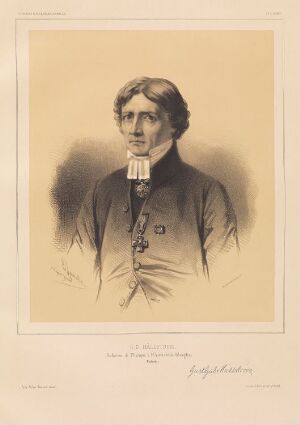  A sepia-toned lithograph by Emile Lassalle, titled "G.G. Hällstrøm, Professor i fysikk ved Universitetet i Helsingfors," depicting a distinguished Victorian-era man in formal attire, with a high-collared shirt, cravat, and a medal on his jacket, set against a plain background.