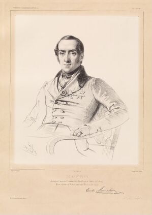  Lithograph on paper by Sébastien-Charles Giraud depicting C.G. Mannerheim in a military uniform, monochromatic with shades of black and gray on an off-white background, showing the subject in a half-length pose looking directly at the viewer with a stern expression.