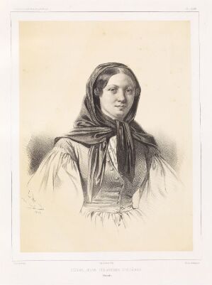  "Gustava, ung finsk jente fra Uleåborg" by Sébastien-Charles Giraud, lithograph on paper showing a young woman in traditional Finnish clothing from the 19th century. Her contemplative expression is framed by a dark headscarf, and the artwork features a monochromatic color palette with shades of brown on an off-white paper.