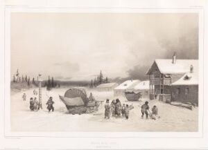  Monochrome lithograph by Barthélémy Lauvergne titled "Posthuset i nærheten av St. Petersburg," featuring a 19th-century winter scene with a covered sleigh and individuals in period attire near a wooden post house under a cloudy sky,