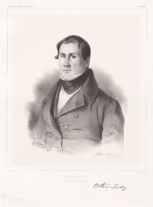  A lithograph by Sébastien-Charles Giraud titled "Ostrogradsky, født i Pachenna (Lille Russland)," depicting a detailed grayscale portrait of a 19th-century gentleman with sideburns, wearing a high-collared shirt and a dark cravat, facing slightly to the left and looking directly at the viewer.