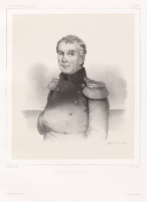  "Admiral Krusenstern," a grayscale litograph on paper by Sébastien-Charles Giraud, depicting a waist-up portrait of a distinguished man in a military uniform, set against a featureless background with ample white space around the subject.