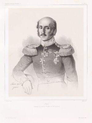  Monochromatic lithograph by Sébastien-Charles Giraud titled "Guvernør av storhertug Konstantin," featuring a detailed half-length portrait of Grand Duke Konstantin in a highly decorated military uniform, rendered in grayscale tones on paper.