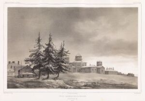  "Utsikt over Observatoriet i Polkova, 6 desember 1839 (Russland)" by Barthélémy Lauvergne is a grayscale lithograph depicting the Pulkovo Observatory in Russia surrounded by a sparse landscape and a small cluster of evergreen trees under a cloudy sky.