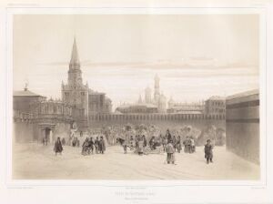  Lithograph titled "Havnen Troïtskaia (Treenigheten) i Moskva 15 desember 1840 (Russland)" by Barthélémy Lauvergne, showing a historical winter scene at the Trinity Harbor in Moscow with figures in 19th-century attire and Russian architecture in the background.