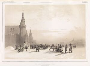  Lithograph by Barthélémy Lauvergne titled "Vue prise sous le Kremlin a Moscou entrée des Jardins d´Alexandre," depicting a 19th-century scene with people and horse-drawn sleighs in front of the towering spires of Moscow's Kremlin. The image is in shades of gray, capturing the historic atmosphere and architecture with detailed line work.