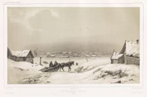  "Utsikt over Mojaïsk, den 31. januar 1840 (Russland)" by Barthélémy Lauvergne, is a lithograph depicting a serene winter landscape in Russia with muted grays and sepia. A horse-drawn sleigh carrying two figures traverses the snowy foreground, while small wooden structures and a distant village with a spire silhouette against an overcast sky. It exudes a sense of stillness and vastness, characteristic of the rural Russian countryside of the era.