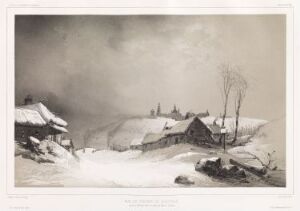  "Klosteret Kolotskoï, 1. februar 1814, på veien fra Moskva (Russland)" by Barthélémy Lauvergne, depicting a snowy winter scene with a monastery surrounded by buildings covered in snow, an overcast sky, and the bare branches of trees.