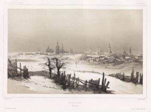  "Utsikt over Vjazma, 2. februar 1840" by Barthélémy Lauvergne is a lithograph depicting a winter landscape with a snowy foreground, a broken wooden fence, rolling snowy mounds in the middle, and the faint outline of a town with churches in the background under an overcast sky.