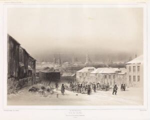 
 A sepia-toned lithograph titled "Utsikt over Vjazma, på veien til Smolensk 2. februar 1840 (Russland)" by Léon Jean Baptiste Sabatier, depicting a 19th-century Russian town with architectural structures and a gathering of people in the foreground under a cloudy sky.