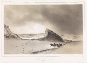  Lithograph on paper by Barthélémy Lauvergne, "Utsikt over bymurene i Smolensk, 6. februar 1840," depicting the snow-covered city walls of Smolensk with figures and a horse-drawn sleigh in the foreground, against a dramatic, cloudy sky. The image features subdued shades of grey, emphasizing the wintry atmosphere and historical