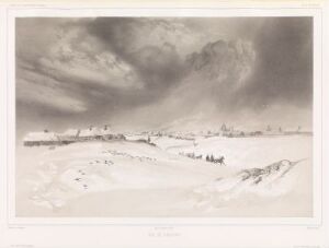  Monochromatic lithograph by Barthélémy Lauvergne titled "Utsikt over Krasnoë," showcasing a vast, open landscape under an overcast sky with small structures and trees lightly scattered across a flat terrain, suggestive of a rural setting with a hint of snow or frost on the ground.