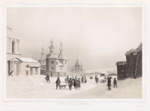  Black and white lithograph titled "Utsikt over Dubrowna 12. februar 1840" by Barthélémy Lauvergne, featuring a snowy scene with horse-drawn sleighs and people in 19th-century winter attire on a street in the town of Dubrowna, with buildings and an Eastern Orthodox church with onion domes in the background.