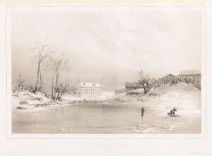  A monochrome lithograph by Barthélémy Lauvergne titled "Utsikt over klosteret til jesuittene i Orscha, 12. februar 1840," featuring a central Jesuit monastery in wintertime beside a frozen river with sparse human activity, surrounded by bare trees and subdued winter light.