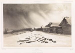  "Utsikt over landsbyen Brill ved Bérezina, 14. februar 1840" by Barthélémy Lauvergne is a lithograph depicting a sepia-toned winter scene with scattered logs in the foreground, wooden buildings in the mid-ground, and a church spire in the background beneath an overcast sky.