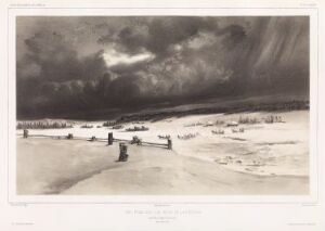  Monochromatic lithograph by Barthélémy Lauvergne titled "Vue prise sur les bords de la Bérézina du côté de Studianka, le 14 Février 1840," showing a dramatic winter landscape with a cloud-filled sky and snow-covered ground, with small human figures and sleighs in the distance, emphasizing the vastness and solitude of the natural scene.