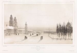  "Torget i Minsk, 16. februar 1840. Litauen" by Barthélémy Lauvergne—a sepia-toned lithograph showcasing a bustling 19th-century marketplace in Minsk, with figures in period clothing, horse-drawn sleighs, rows of bare trees, and ornate buildings under a winter sky.