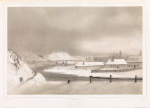  "Vilnius, utsikt fra den grønne broen, 20. februar 1840" — a 19th-century lithograph by Barthélémy Lauvergne depicting an overcast winter day with a panoramic view of a snow-covered riverscape in Vilnius, with figures in dark colors dotted along the riverbanks and buildings, all under a soft gray sky.