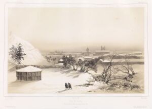  Lithograph titled "Utsikt over Vilnius, ved den botaniske hage, 21. februar 1840" by Barthélémy Lauvergne, showing a serene winter scene with a snow-covered cottage and bare trees in the foreground, small figures near the dwelling, and a faint, distant view of Vilnius with historical buildings under a pale wintry sky.