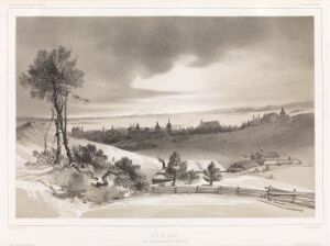  "Utsikt over Vilnius, i nærheten av kirkegården, 21. februar 1840" by Barthélémy Lauvergne is a monochromatic lithograph on paper featuring a serene, wintry landscape with rolling hills, bare trees, and rural buildings under a vast, cloud-filled sky.