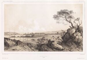  "Utsikt over Kaunas (Litauen)" lithograph by Barthélémy Lauvergne, depicting a panoramic view of Kaunas, with rocky foreground, a river leading to the city, and a hazy horizon, rendered in detailed grayscale.