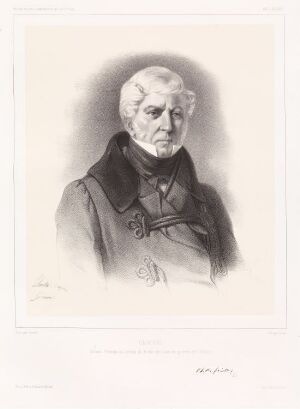  Lithograph on paper by Sébastien-Charles Giraud titled "Clopicki, Général Polonais au service de France pendant les guerres de l´Empire," depicting an aged, contemplative General Clopicki in a dark military uniform with ornate details, with a monochromatic and grey-scale color scheme.