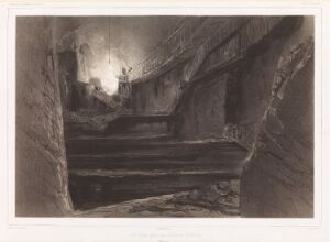  "Château de Cracovie, 17. mars 1840 (Polen)" by Barthélémy Lauvergne, depicting a dark, sepia-toned lithograph of a stone staircase leading upwards in a castle interior, illuminated by a small flame at the top. The monochromatic color scheme and the play of light and shadow evoke a somber and historical atmosphere.