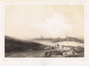  "Krakow sett fra Kosciusko-statuen" by Barthélémy Lauvergne, a lithograph on paper depicting a panoramic monochromatic view of Krakow from a high vantage point with detailed city architecture and a vast sky above.