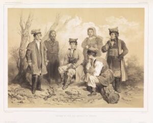  Lithograph on paper titled "Paysans et juif des environs de Cracovie" by Sébastien-Charles Giraud, featuring seven figures in traditional costumes of 19th-century Krakow, rendered in shades of brown and sepia with detailed clothing, posing in an outdoor setting.