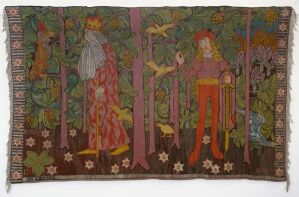  "Den kloge fugl," a detailed tapestry by Gerhard Munthe, depicting two large, ornately dressed human figures in a mythical forest setting, surrounded by a variety of birds and plants, all framed by a decorative border.