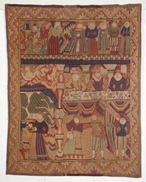  "Herodes gjestebud," a handwoven tapestry by an unidentified woman, featuring historical scenes in muted colors divided into three horizontal sections, with figures in period attire suggesting a narrative set in a banquet.