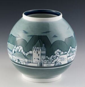  "Bergensvasen" by Nora Gulbrandsen, a hand-painted feldspar porcelain vase with a spherical shape, featuring a muted green color and a panoramic underglaze decoration of a Nordic town with buildings and natural landscapes, finished with a dark navy blue rim.