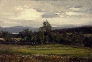 
 "Fields at Hedmark in Summer," an oil painting on canvas by Gerhard Munthe, featuring a rustic foreground with a lone tree set against a lush green field, under a dynamic overcast sky, rendered in natural tones of green, ochre, and gray.