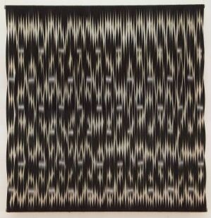 
 "Modulasjon 1" by Trine Mauritz Eriksen, an artwork featuring a black and white pattern of vertical lines with varying intensities using wool felt with a pattern printed in shibori technique, creating an abstract digital static-like appearance.