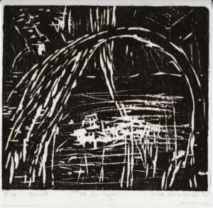  "Seen from the Train" by Hilde Hvalø Hansen, a woodcut print on paper featuring a predominantly black and white abstracted scene that suggests a swiftly moving landscape with structures, possibly rural buildings or trees, seen from a train. The dynamic composition uses bold, curving lines and intersecting strokes creating a stark, monochromatic effect.