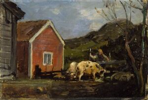  "Pigs in Moonlight" by Gerhard Munthe, an oil painting depicting two pigs in a moonlit farm scene with a red farmhouse on the left and a shadowy, indistinct human figure to the right in a landscape of muted greens and browns under a softly illuminated twilight sky.