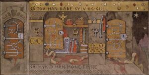  "Skioldmøen" by Gerhard Munthe, an oil on canvas artwork highlighted with gold, silver, and colored glass, featuring three decorative panels with ancient Norse motifs, including intricate doors, thrones, and celestial elements, all rendered in a muted, earth-toned color scheme with a border of Norse runes at the top.