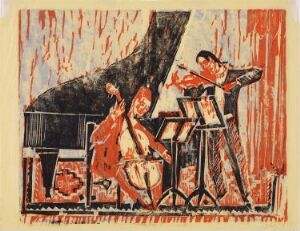  "Music at the Coffeehouse" by Rolf Nesch, a colored woodcut on yellow paper, featuring an abstract trio of musicians with a pianist on the left, a cellist in the center, and a violinist on the right, using vibrant oranges, reds, and bold lines to convey the energy of a live music performance.