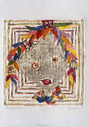  "Bernadette" by Rolf Nesch, a colored metal print on paper featuring an abstract, mask-like face with asymmetrical eyes and a vibrant, feather-like border in primary and secondary colors against a white background.