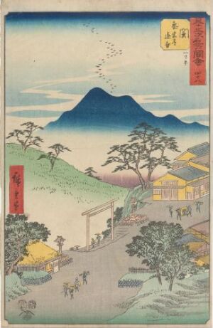  "Seki: Junction of the Side Road to the Shrine" by Utagawa Hiroshige is a woodblock print depicting a tranquil scene with a path, trees, figures in traditional attire, and a distant mountain, in soft hues of green, yellow, and indigo.