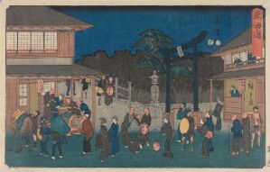  A traditional Utagawa Hiroshige woodblock print, "Fujisawa," depicting a busy evening scene with groups of people in a Japanese town, showcasing muted but rich colors and intricate details capturing the essence of the era.