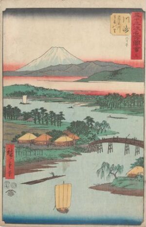  "Kawasaki: Tsurumi River and Namamugi Village" by Utagawa Hiroshige, a Japanese woodblock print showing the serene Tsurumi River with a small boat, thatched cottages amidst greenery, and Mount Fuji majestically in the background under a dawn or dusk sky with Kanji text and red artist's stamp on the right side.