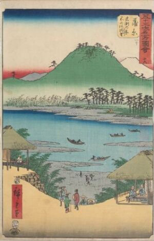  "Kanbara: View of the Fuji River from Iwabuchi Hill" by Utagawa Hiroshige is a colored woodblock print featuring Mount Fuji in soft greens, a blue serene river with boats, lush pine trees on the bank, rustic thatched houses in the foreground, and small figures in traditional Japanese clothing.