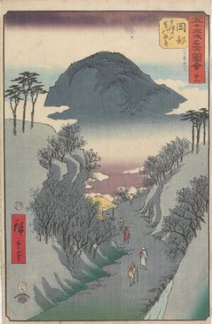  "Okabe: The Narrow Ivy-covered Road at Mt. Utsu" by Utagawa Hiroshige, featuring a vertical color woodblock print with a soft palette showing a mountain in the background, a narrow path surrounded by ivy, and travelers in traditional attire amidst a tranquil natural setting.