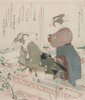  "Elegant Things: Snow on Plum Blossoms (The Pillow Book)" by Teisai Hokuba, a traditional Japanese color woodblock print on paper featuring two figures in decorative kimonos seated on tatami mats, with snowflakes falling around and plum blossoms in the background, accentuated with delicate pink blooms against a pale snowy scene, complete with Japanese writing on the right.