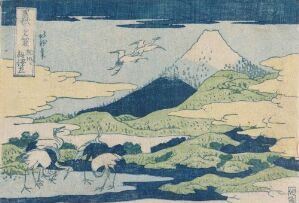  "Umezawa Manor in Sagami Province" by Katsushika Hokusai, a fine art color woodblock print on paper, depicting the snow-capped Mount Fuji rising majestically in the background of a lush, rolling landscape with flying birds and white-capped waves in the foreground.