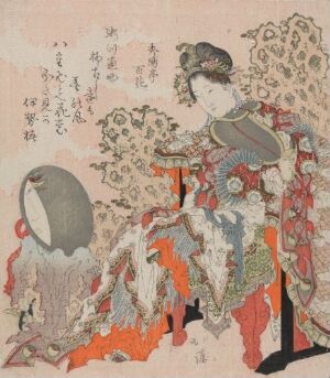  "Chinese Beauty," a traditional Japanese woodblock print by Totoya Hokkei on paper. An elegantly dressed woman sits beside a round mirror with intricate coral and gray patterns on her garment. Japanese inscriptions are visible in the pale background. The artwork reflects Totoya Hokkei's use of vibrant colors and attention to detail characteristic of the Edo period fine art.