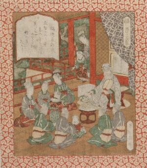  "Fuku Kakushigi" by Harunobu Gakutei, a colored woodblock print depicting seven figures in traditional Japanese attire seated around a low table within a room adorned with an intricate red patterned border, a large textual panel on the wall, and a series of sliding doors in the background.